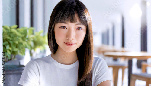 snapshot of beautiful Asian woman with long straight hair, 16:9 widescreen image