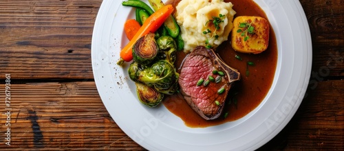 From above, a close-up view of a wooden table with a white plate holding a beef steak cooked to medium rare, accompanied by brown gravy, mashed potato, roasted brussels sprouts, pepper, and carrots. photo