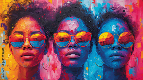Stylized illustration with three colorful women wearing sunglasses
