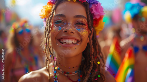 A beautiful and happy woman with LGBT colors at the LGBT parade