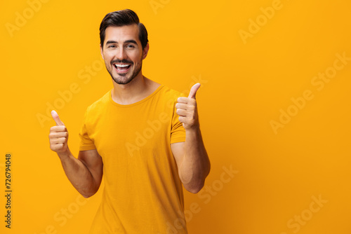 Portrait man space style trendy smiling laughing fashion gesture copy lifestyle background studio