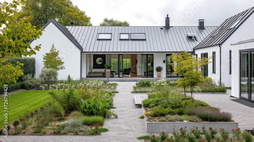 modern danish house with courtyard in the middle with garden with round edges plants and small trees and flowers,   photo