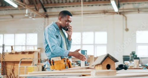 Black man, carpenter and phone call in stress, anxiety or argument for discussion, problem or issue at workshop. Frustrated African male, builder or craftsman talking on mobile smartphone in pressure photo