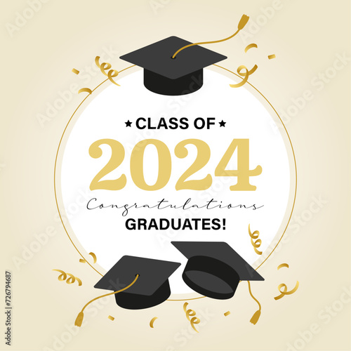 Vector illustration. Class of 2024 badge design template in black and gold colors. Congratulations graduates 2024 banner sticker card with academic hat for high school or college graduation