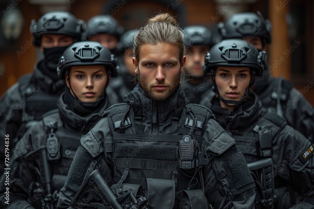 A fierce group of soldiers, clad in black uniforms and protective gear, stand at attention with weapons in hand, ready to defend their military organization as they blend into the shadows with their A fierce group of soldiers, clad in black uniforms and protective gear, stand at attention with weapons in hand, ready to defend their military organization as they blend into the shadows with their