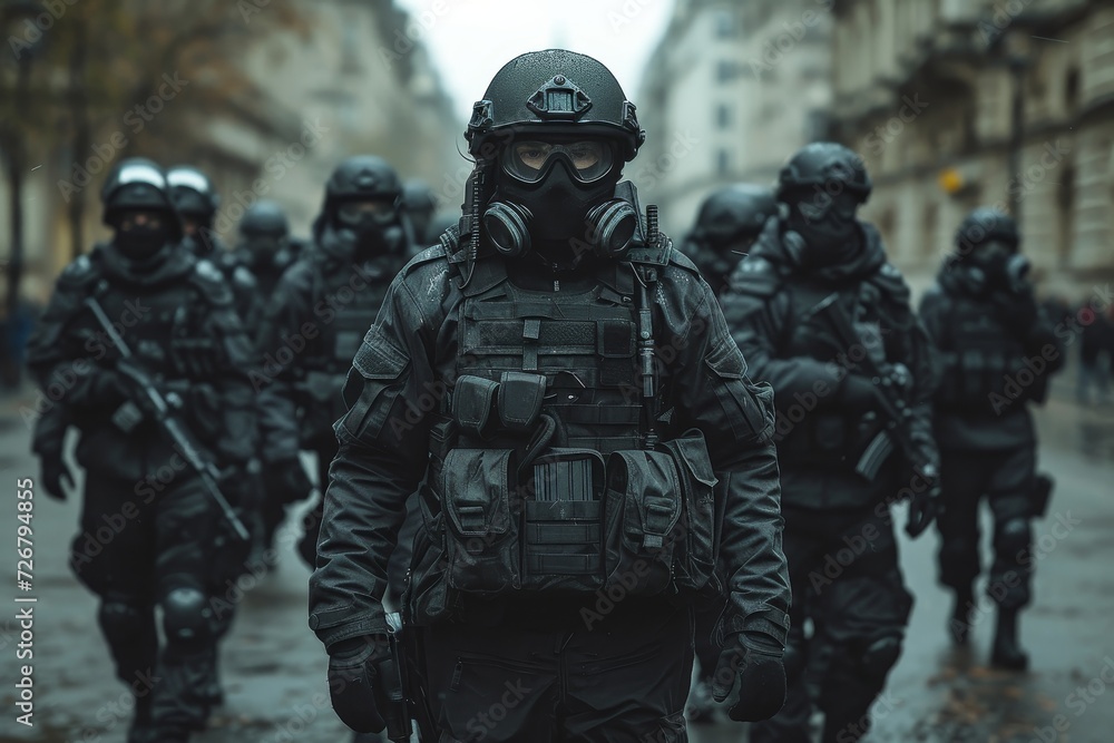 A group of soldiers in black uniform stand stoically on the street, their clothing adorned with ballistic vests and helmets as they hold their weapons with determination and purpose, embodying the es A group of soldiers in black uniform stand stoically on the street, their clothing adorned with ballistic vests and helmets as they hold their weapons with determination and purpose, embodying the es