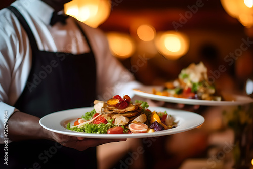 waiter carrying plates with meat and vegetables dish in restaurant , celebration event ,Restaurant serving , wedding , festive event, party ,blur background, . Close Up of food stylish
