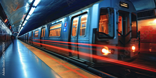  metro train traveling by at a station. Fast underground subway train racing through the tunnels