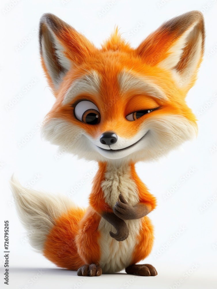 Fototapeta premium A cute Fox with anthropomorphic design, emoticons, 6 emoticons, various expressions, thumbs up, happy, angry, winking, staring, silly, 3D plush style, white background - generative ai
