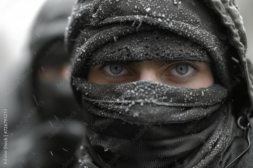 A person bundled up in a black scarf to brave the winter winds, their face hidden but their eyes full of determination as they venture into the great outdoors A person bundled up in a black scarf to brave the winter winds, their face hidden but their eyes full of determination as they venture into the great outdoors