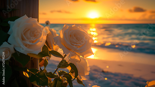 White roses and yellow roses with beach and sunset background, daylight, tranquility, beauty. photo