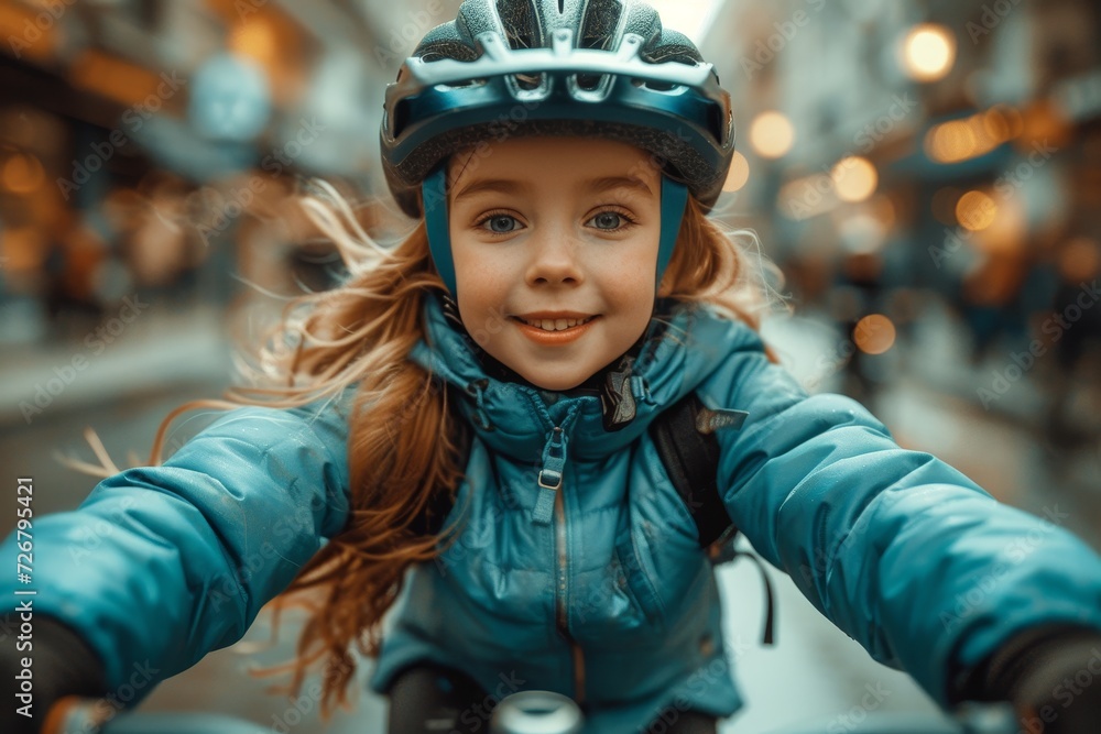 A young girl wearing a helmet and a smile, confidently rides her bike down a bustling street, surrounded by tall buildings and the vibrant energy of the outdoors, while a curious toddler watches on, A young girl wearing a helmet and a smile, confidently rides her bike down a bustling street, surrounded by tall buildings and the vibrant energy of the outdoors, while a curious toddler watches on,