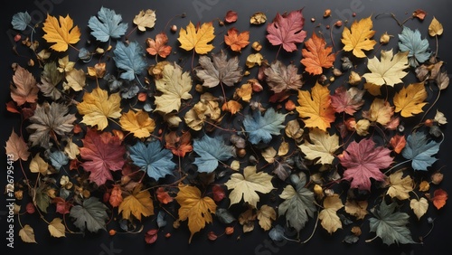 Autumnal plant leaves in different shapes and colors lined up next to each other