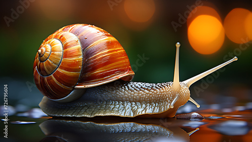 Snail speeding down a watery road, with a blurred background.