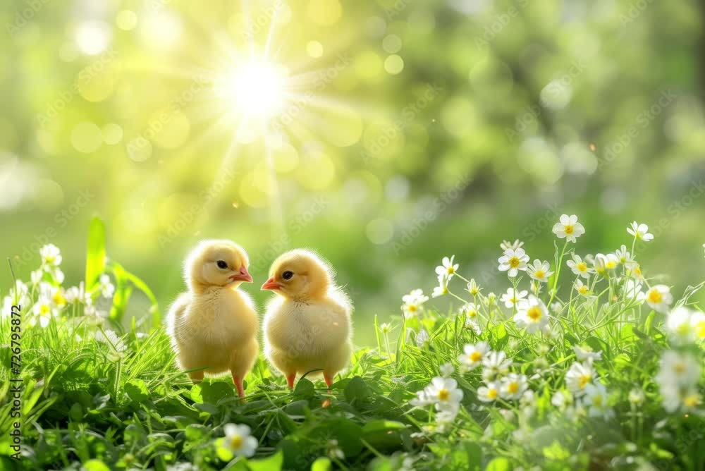 Young chicks in springtime nestled in meadow of daisies. Spring vibe with sun rays Young chicks in springtime nestled in meadow of daisies. Spring vibe with sun rays