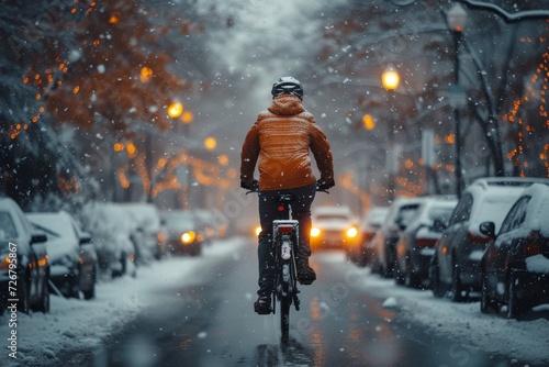 Braving the bitter cold, a lone cyclist navigates the snowy streets on their trusty bicycle, leaving behind tire tracks in the freshly fallen precipitation