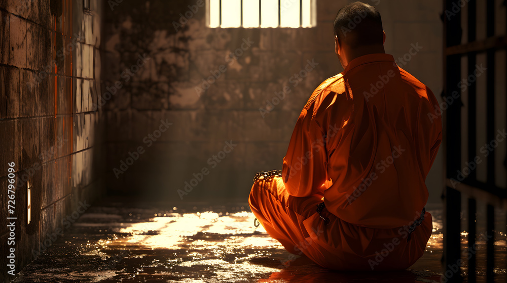 Fototapeta premium Portrait face of Stressed prisoner with hands chained in prison, wearing an orange prison uniform.