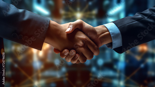 Two businessmen shaking hands to make a deal, digital AI Network.