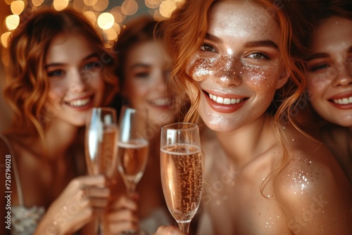 A sparkling celebration captured in a single frame, as glamorous women raise their wine glasses with radiant faces and cheerful spirits at an indoor bar