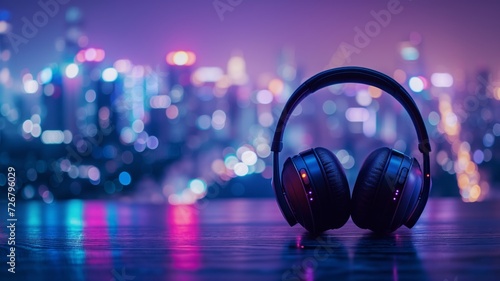 black bluetoth headset with city background photo