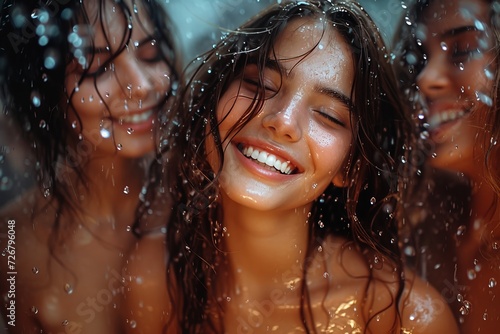 A joyful group of women with wet hair and radiant smiles, basking in the refreshing embrace of water photo