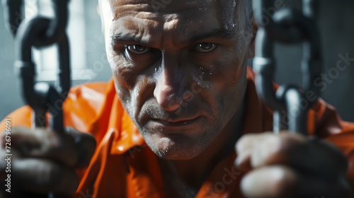 Portrait face of Stressed prisoner with hands chained in prison, wearing an orange prison uniform.