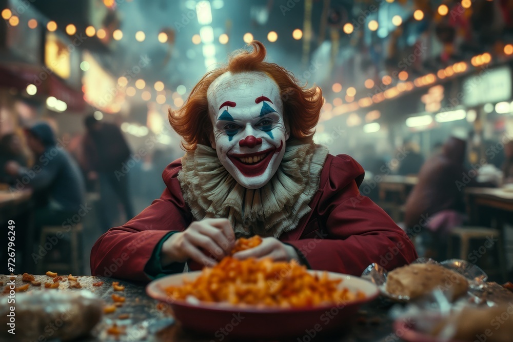 A hungry clown devours a greasy fast food snack at a table, their colorful clothing and human face hiding any trace of guilt or shame for indulging indoors