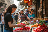 woman buying raspberries from a street vendor in a crowded market