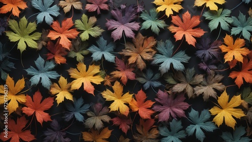 Autumnal plant leaves in different shapes and colors lined up next to each other
