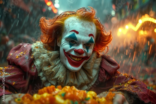 A terrifying clown with fiery hair and a ghostly visage dons a twisted mask while holding a plate of food, bringing a nightmarish presence to the festival grounds © Larisa AI