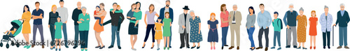 illustration vectorielle représentant un ensemble de personnages composant des familles multi générations. Enfants, parents et grand parents