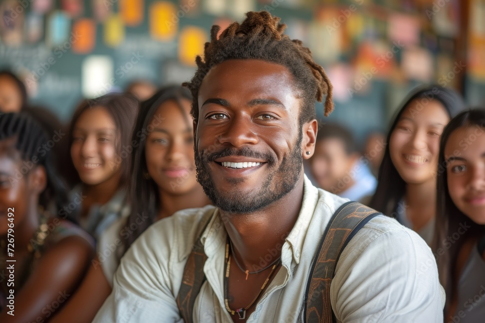 A content man stands confidently, surrounded by a diverse group of smiling friends, exuding happiness and warmth both indoors and outdoors A content man stands confidently, surrounded by a diverse group of smiling friends, exuding happiness and warmth both indoors and outdoors