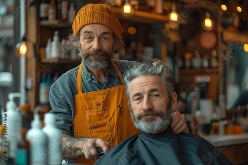 Two men share a quiet moment on the busy street, their human faces marked with expressions of weariness and determination, one dressed in worn clothing and sporting a scruffy beard while the other ho