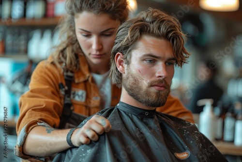 A dapper man sits patiently in a cozy barber shop as the skilled hairdresser expertly trims his locks, revealing a refreshed and confident human face beneath his stylish clothing