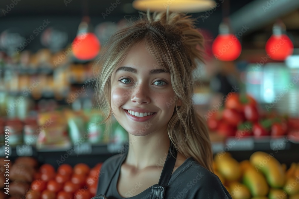 A radiant woman stands proudly in a local marketplace, surrounded by vibrant produce and wholesome foods, exuding joy and contentment as she shares her passion for natural, whole food with the world