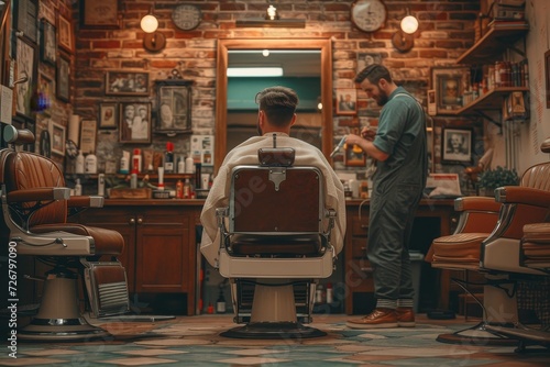 A sharply dressed man waits patiently in a cozy barber shop, surrounded by vintage furniture and the comforting buzz of clippers