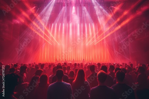 A mesmerizing magenta rave lit up the stage as a crowd of eager people gathered for an unforgettable concert experience, surrounded by pulsing laser lights and captivating music