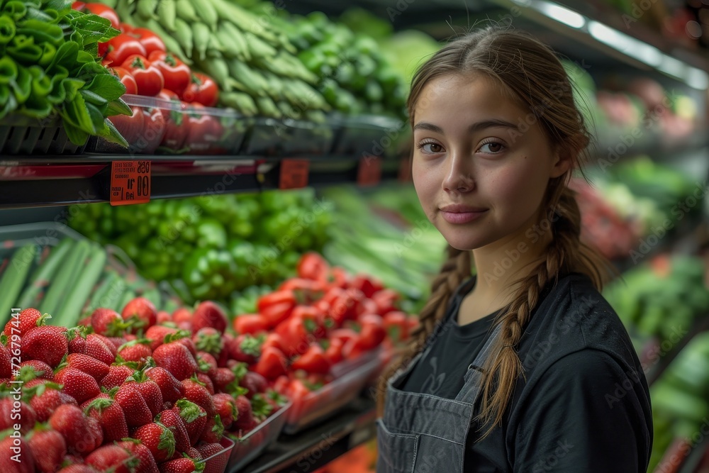 A vibrant woman embraces a healthy lifestyle as she stands confidently in front of a colorful display of natural produce at her local market, radiating a sense of connection to the earth and nourishm