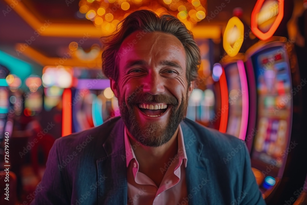 A bearded man radiates warmth and confidence as he smiles for the camera, his casual clothing adding to the welcoming atmosphere of the indoor setting