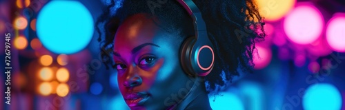 serene young woman is lost in music wearing headphones amidst a vibrant and colorful backdrop of bokeh lights at a night event