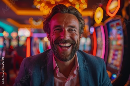 A bearded man radiates warmth and confidence as he smiles for the camera, his casual clothing adding to the welcoming atmosphere of the indoor setting