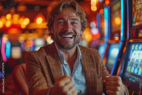 A solitary figure, clad in a worn brown jacket, gazes intently at the flashing slot machine, his determined expression mirroring the thrill and risk of the casino floor photo