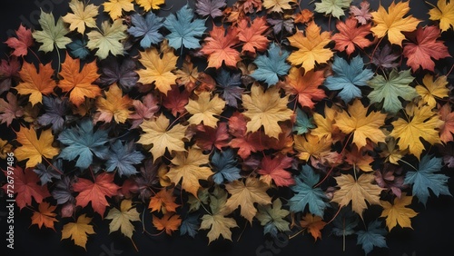 Autumnal plant leaves in different shapes and colors lined up next to each other