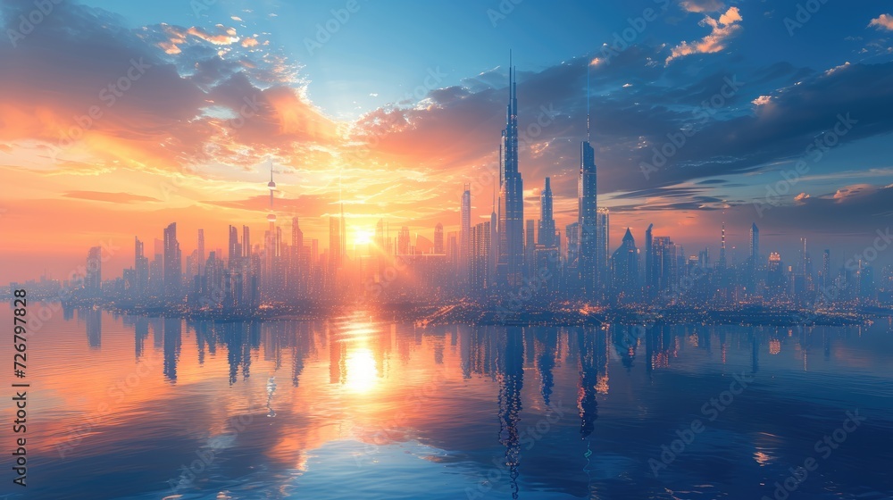A futuristic cityscape with prominent buildings named after and designed by women