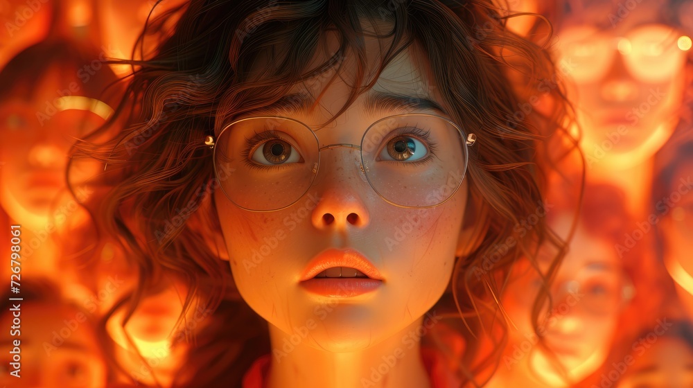 Animated scene of a girl looking up at a wall of portraits of female role models, in various fields Animated scene of a girl looking up at a wall of portraits of female role models, in various fields