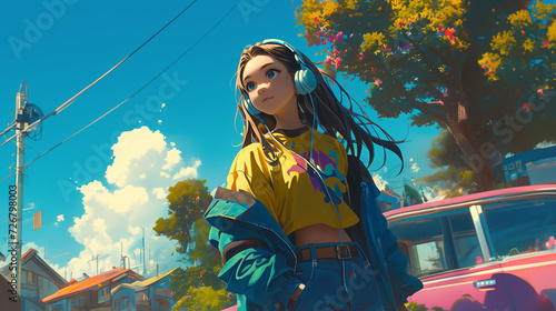 A girl walking on the streets of Harajuku, listening to music with stylish headphones 80s anime rainbow retro fashion