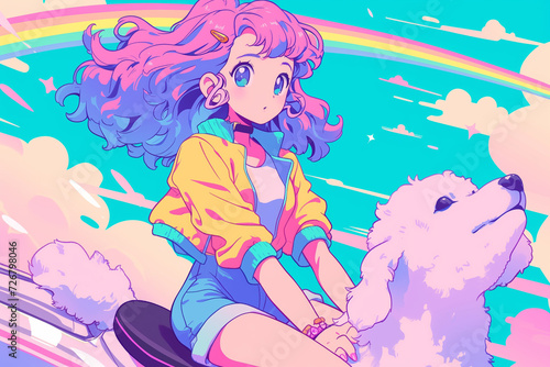 A girl and dog 80s anime rainbow retro fashion
