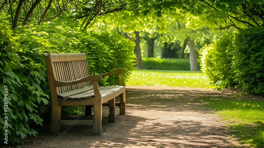 Tranquil Park Bench Surrounded by Lush Greenery. Generative ai