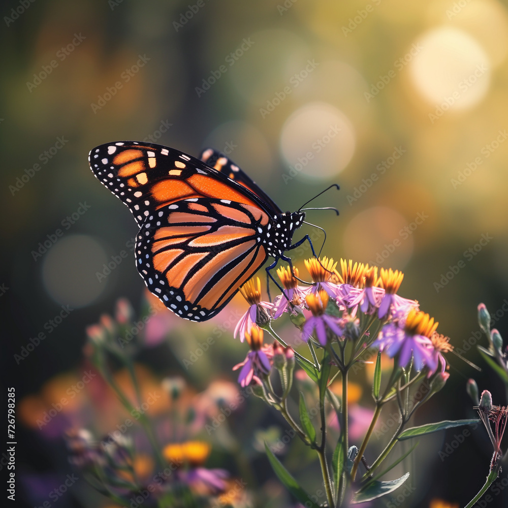 Fototapeta premium Monarch Butterfly Perched on Wildflowers with Sunlit Background