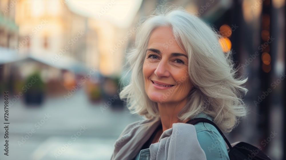 Attractive smiling white haired mature woman posing in a city street looking at the camera Attractive smiling white haired mature woman posing in a city street looking at the camera